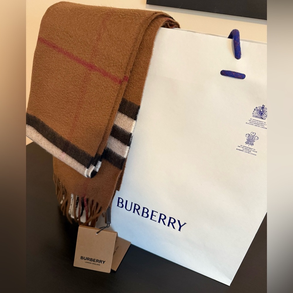 BNWT Burberry Birch Brown Giant Check 100% Cashmere Scarf